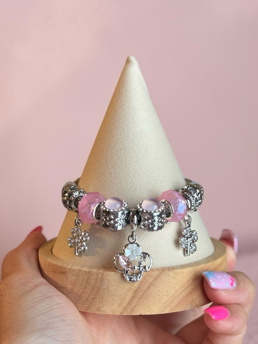 Pink Glass Bead Charm Bracelet